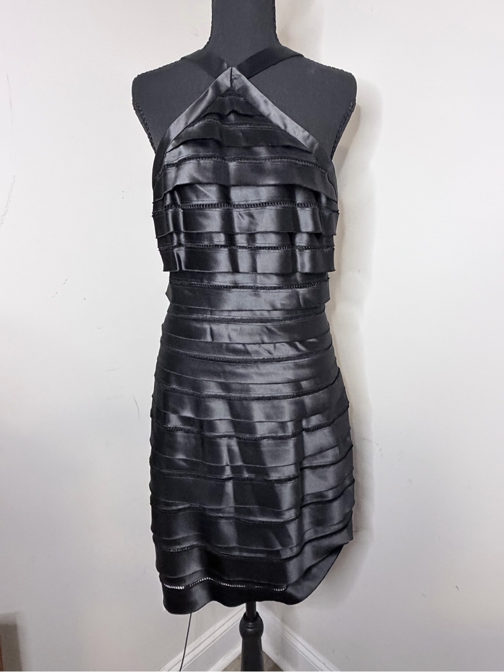 BCBGMaxAzria Black Satin Tiered Halter Mini Dress
